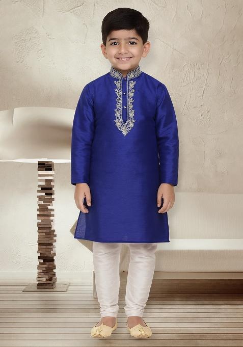 Royal Blue Embroidery Silk Kurta With Bottom For Boys