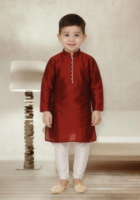 Maroon Button Work Silk Kurta With Bottom For Boys
