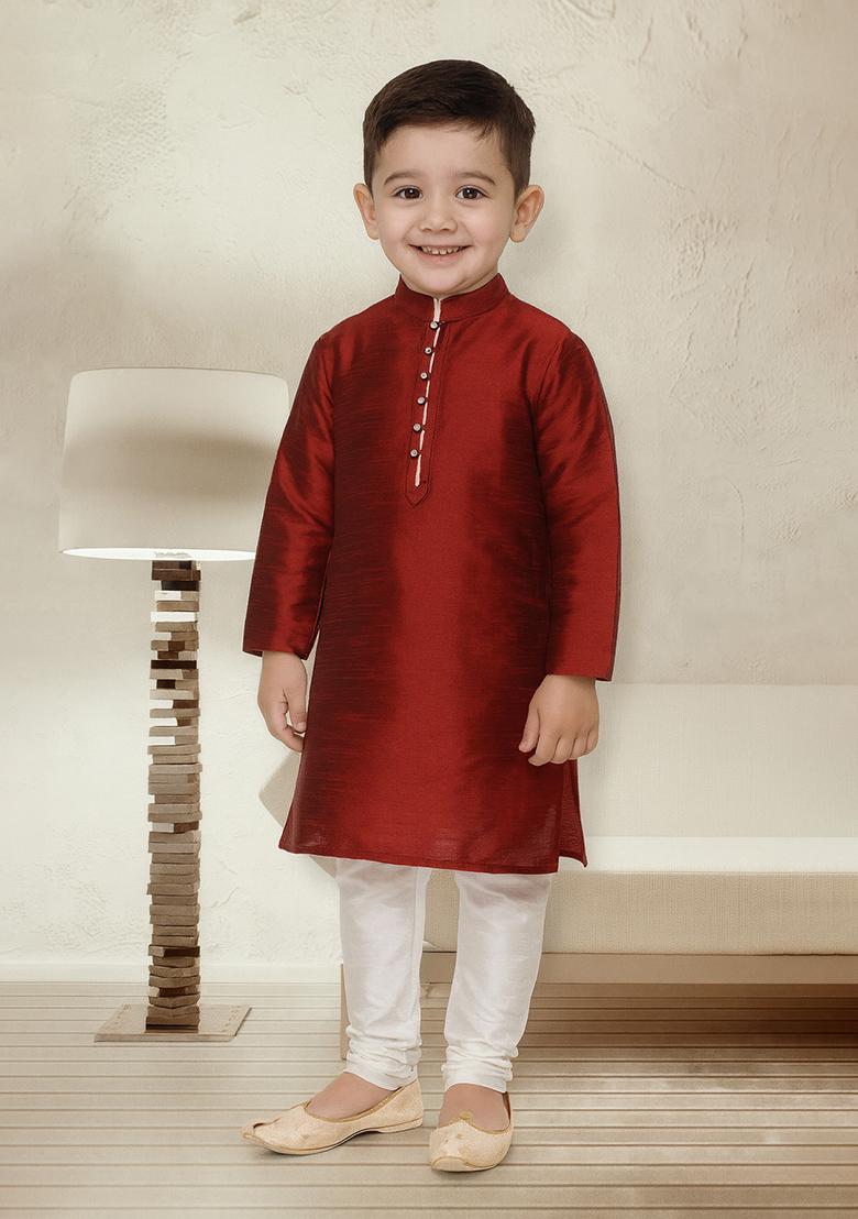 Maroon Button Work Silk Kurta With Bottom For Boys - Indya