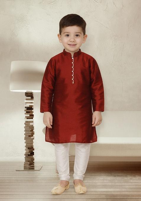 Maroon Button Work Silk Kurta With Bottom For Boys