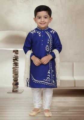 Royal Blue Embroidery Silk Kurta With Bottom For Boys