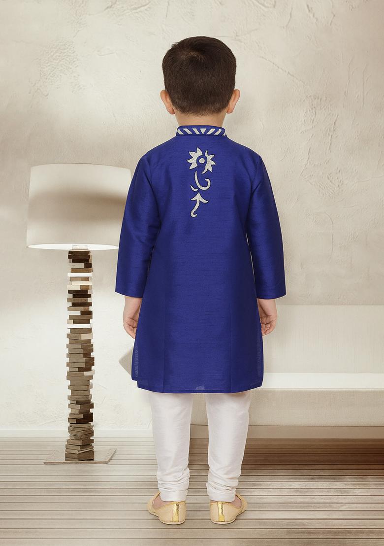 Royal Blue Embroidery Silk Kurta With Bottom For Boys - Indya