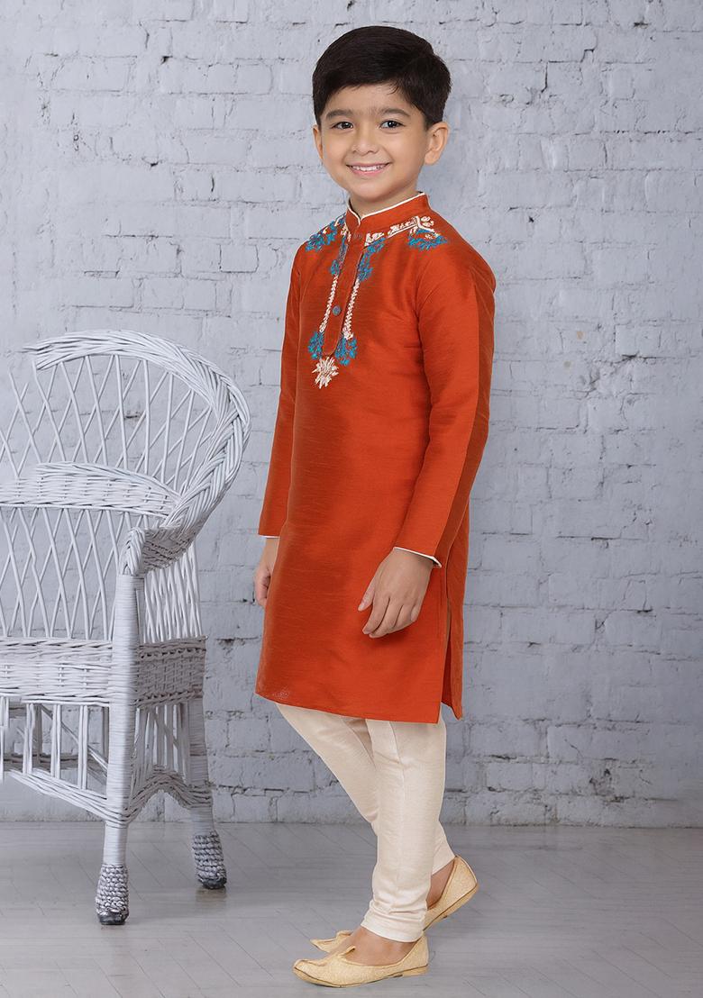 Rust Orange Embroidery Silk Kurta With Bottom For Boys - Indya
