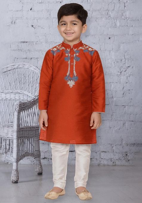 Rust Orange Embroidery Silk Kurta With Bottom For Boys