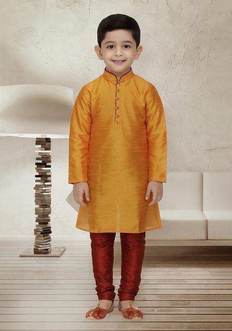 Orange Button Work Silk Kurta With Bottom For Boys