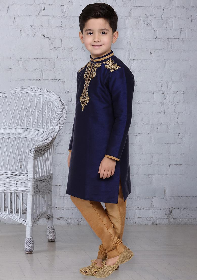 Black Embroidery Silk Kurta With Bottom For Boys - Indya