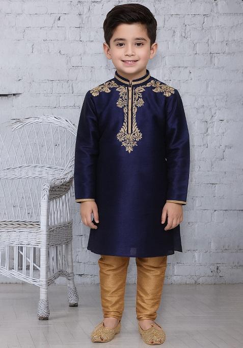 Black Embroidery Silk Kurta With Bottom For Boys