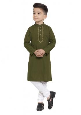 Mehandi Green Embroidery Silk Kurta With Bottom For Boys