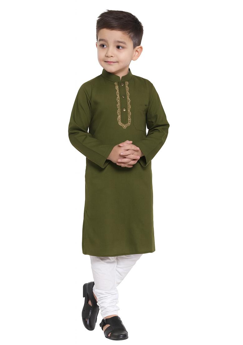 Mehandi Green Embroidery Silk Kurta With Bottom For Boys - Indya