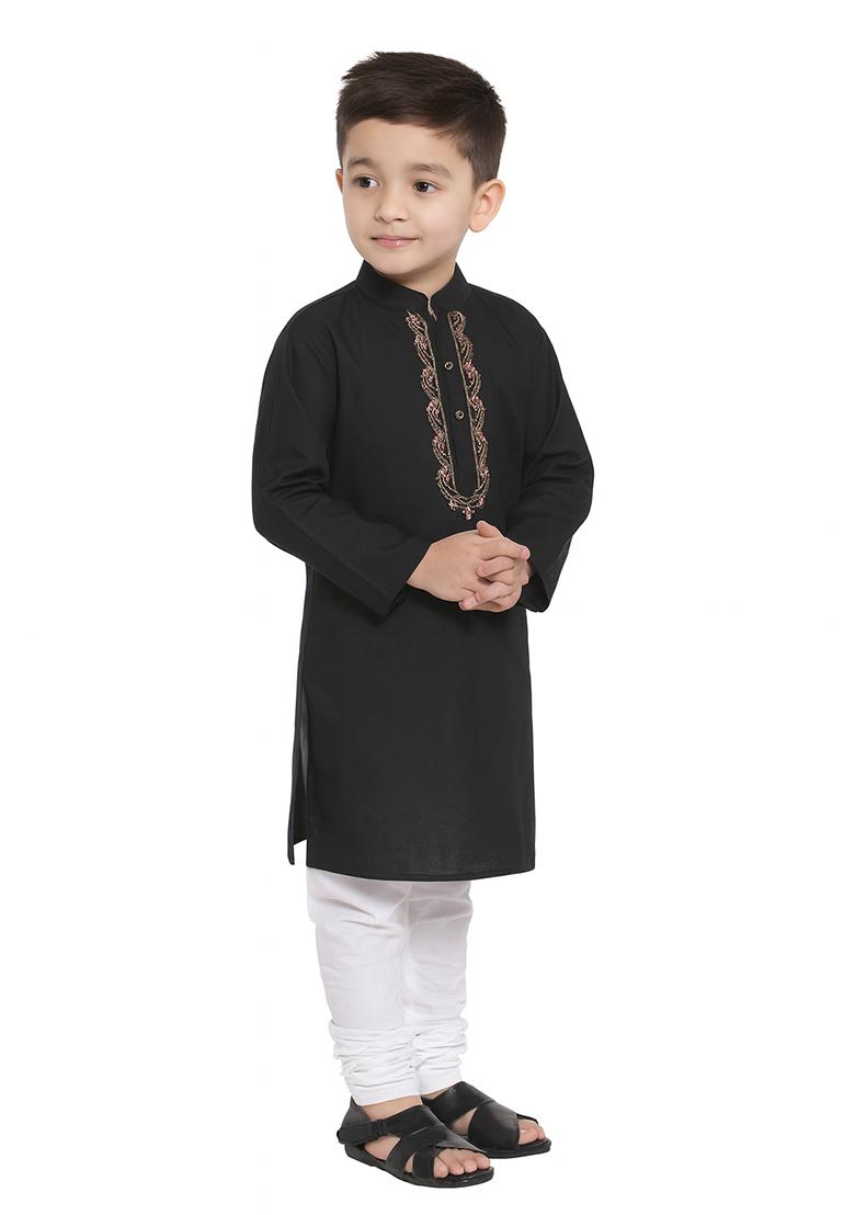 Black Embroidery Silk Kurta With Bottom For Boys - Indya