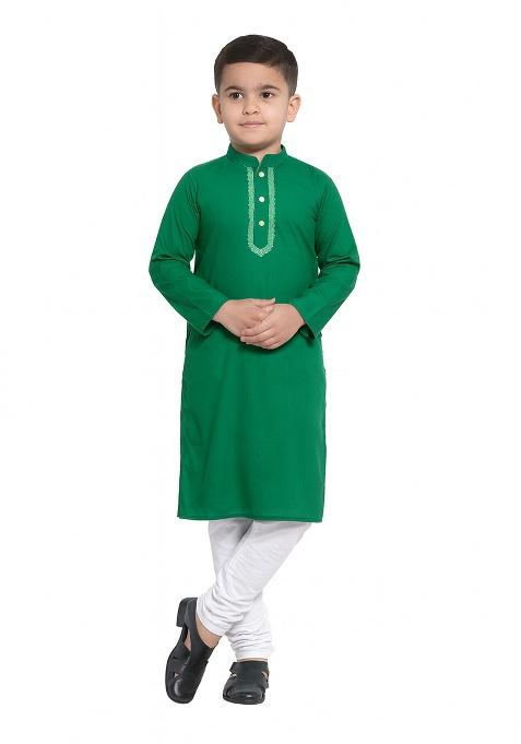 Green Embroidery Silk Kurta With Bottom For Boys