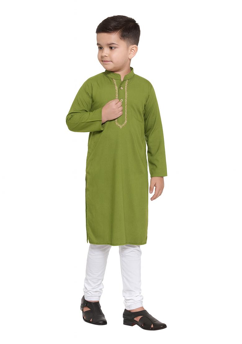 Parrot Green Embroidery Silk Kurta With Bottom For Boys - Indya