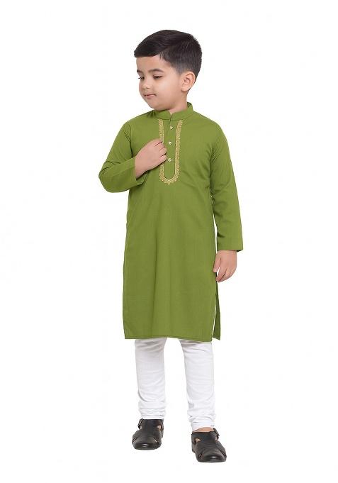 Parrot Green Embroidery Silk Kurta With Bottom For Boys