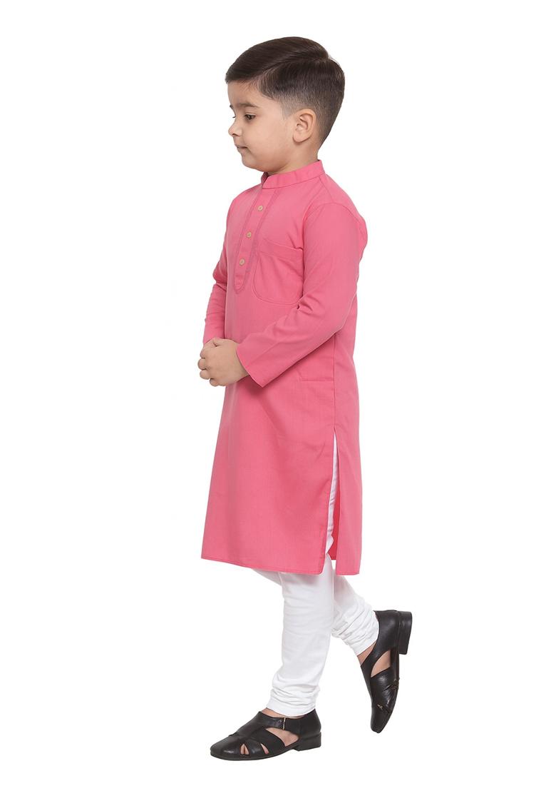 Pink Embroidery Silk Kurta With Bottom For Boys - Indya