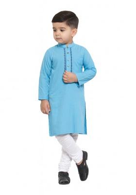 Aqua Blue Embroidery Silk Kurta With Bottom For Boys