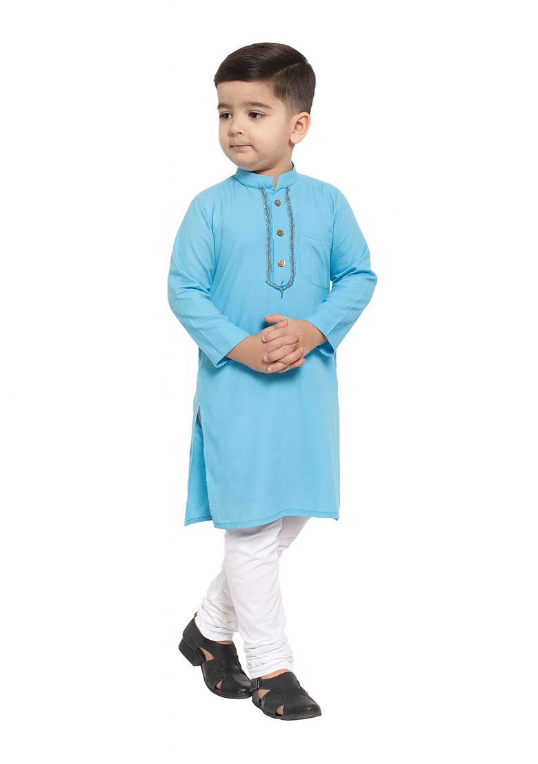 Aqua Blue Embroidery Silk Kurta With Bottom For Boys - Indya