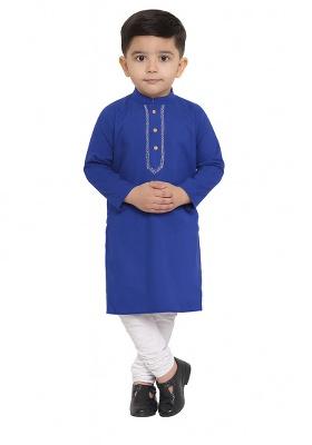 Royal Blue Embroidery Silk Kurta With Bottom For Boys