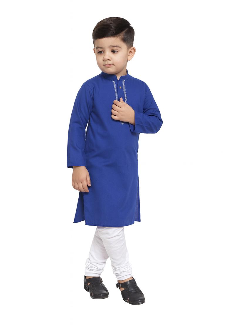 Royal Blue Embroidery Silk Kurta With Bottom For Boys - Indya