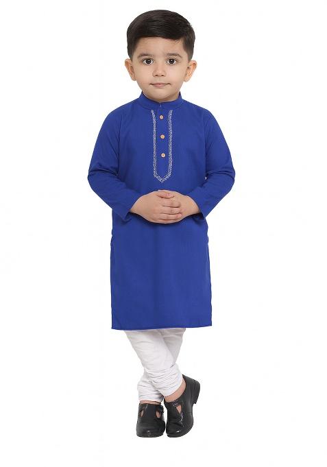 Royal Blue Embroidery Silk Kurta With Bottom For Boys