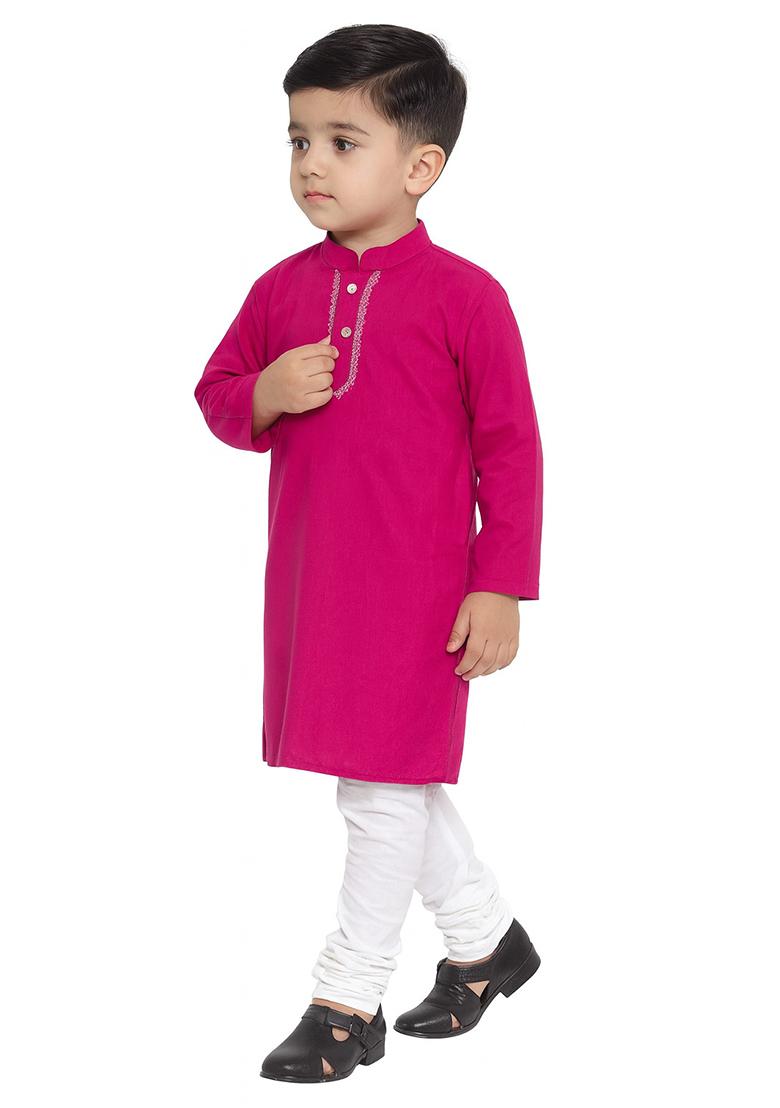 Rani Pink Embroidery Silk Kurta With Bottom For Boys - Indya