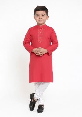 Rose Pink Embroidery Silk Kurta With Bottom For Boys