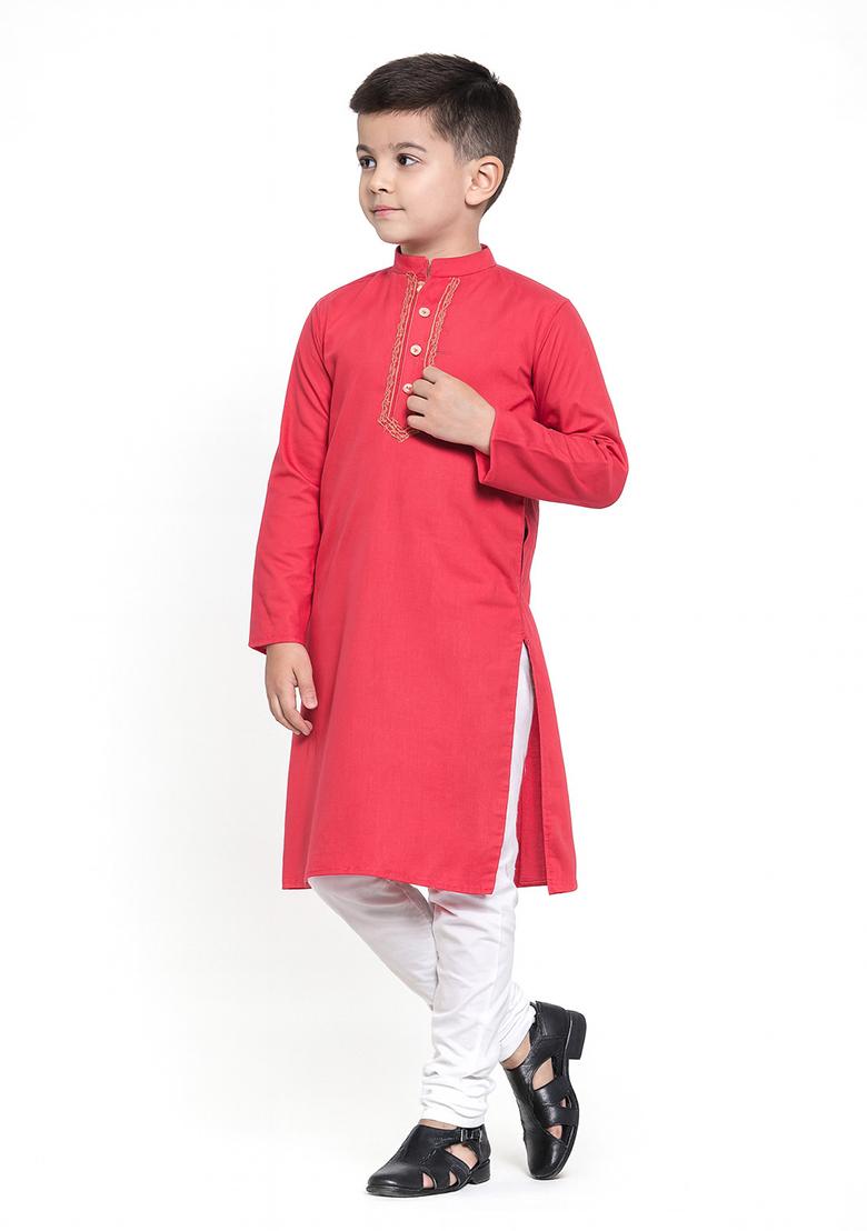Rose Pink Embroidery Silk Kurta With Bottom For Boys - Indya