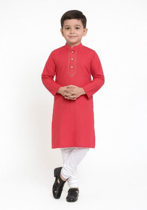 Rose Pink Embroidery Silk Kurta With Bottom For Boys