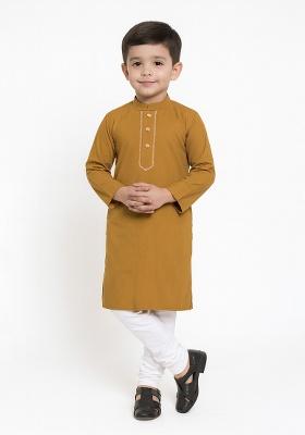 Mustard Embroidery Silk Kurta With Bottom For Boys