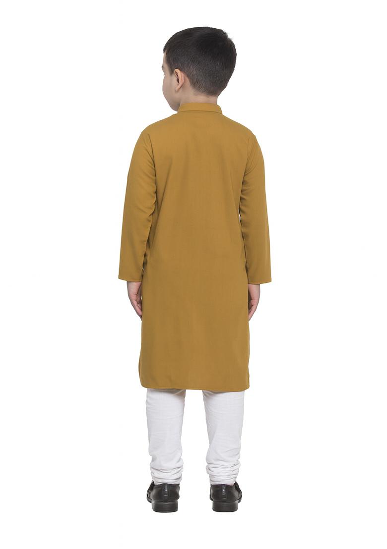 Mustard Embroidery Silk Kurta With Bottom For Boys - Indya