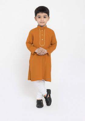 Orange Embroidery Silk Kurta With Bottom For Boys