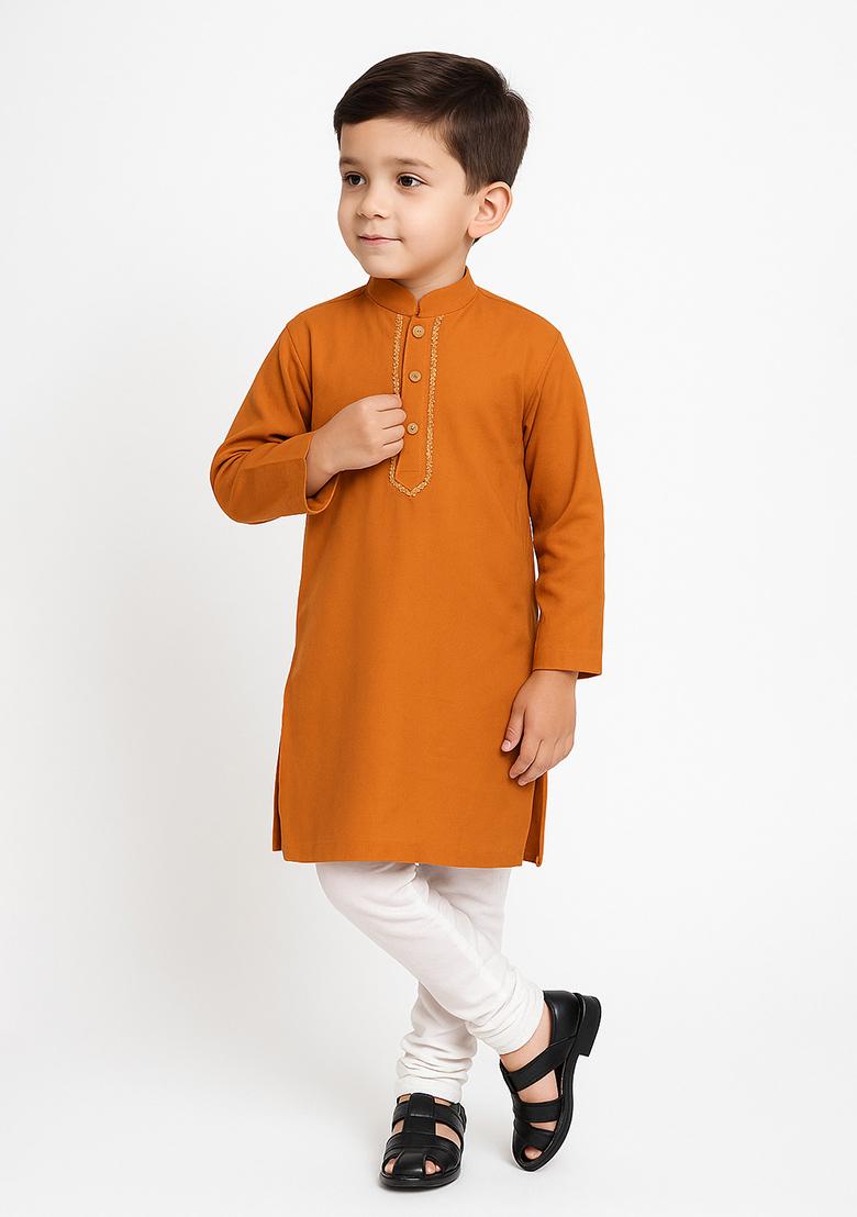 Orange Embroidery Silk Kurta With Bottom For Boys - Indya