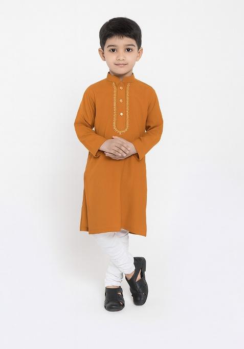 Orange Embroidery Silk Kurta With Bottom For Boys