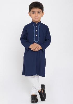 Navy Blue Embroidery Silk Kurta With Bottom For Boys