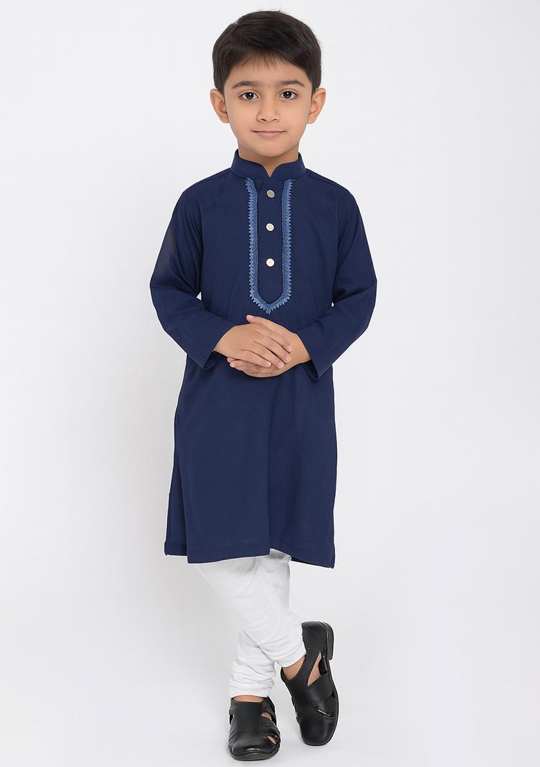 Navy Blue Embroidery Silk Kurta With Bottom For Boys - Indya