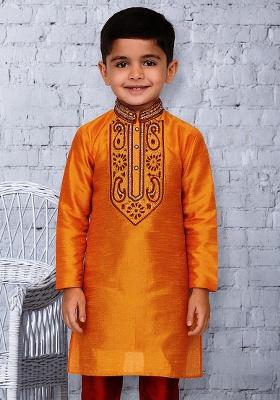 Orange Embroidery Silk Kurta For Boys