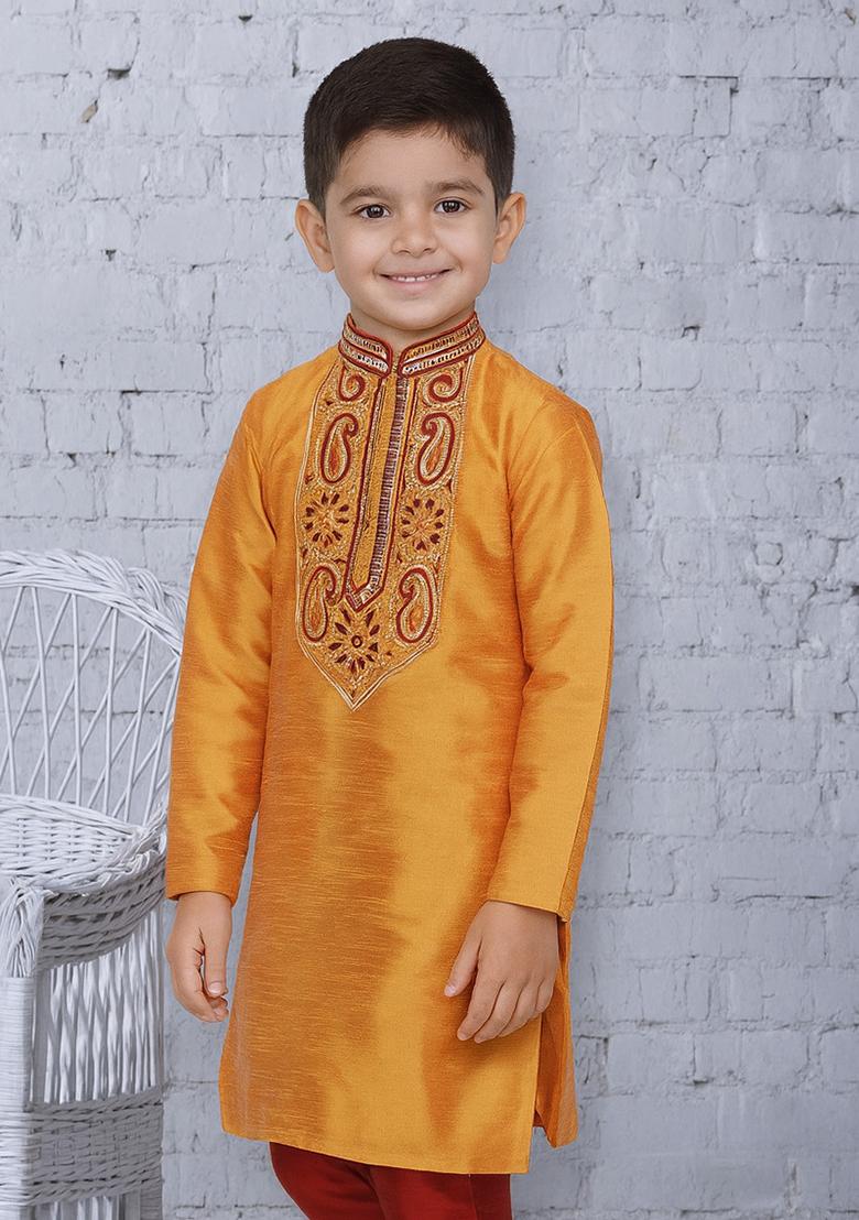 Orange Embroidery Silk Kurta For Boys - Indya