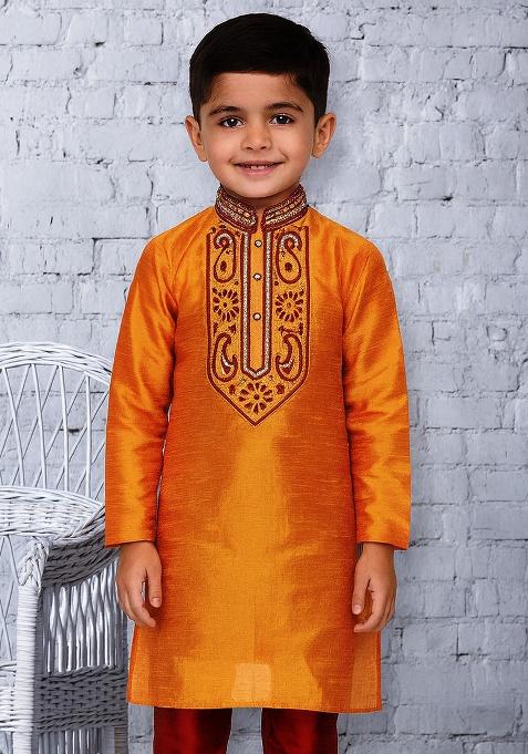 Orange Embroidery Silk Kurta For Boys