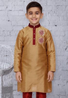 Fawn Embroidery Silk Kurta For Boys