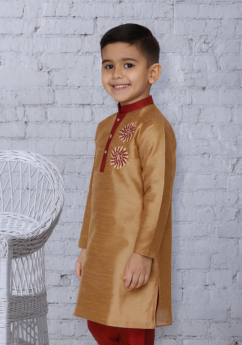 Fawn Embroidery Silk Kurta For Boys - Indya