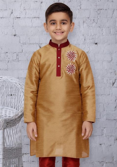 Fawn Embroidery Silk Kurta For Boys