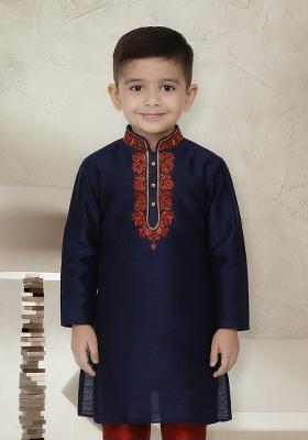 Navy Blue Embroidery Silk Kurta For Boys