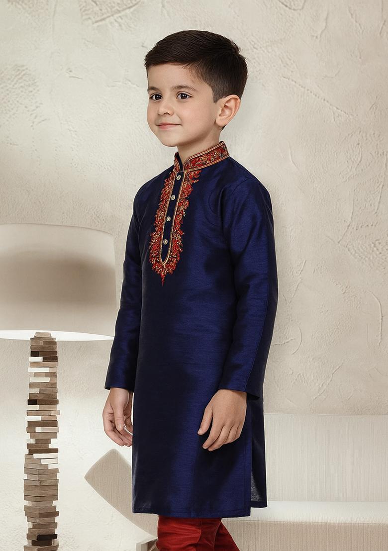 Navy Blue Embroidery Silk Kurta For Boys - Indya