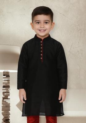 Black Button Work Silk Kurta For Boys