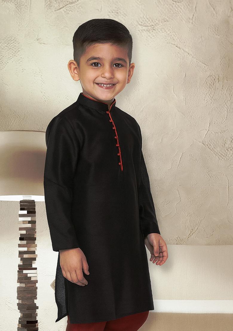 Black Button Work Silk Kurta For Boys - Indya