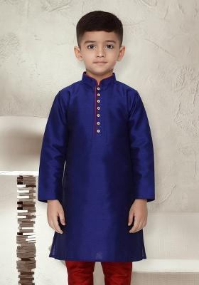 Royal Blue Button Work Silk Kurta For Boys