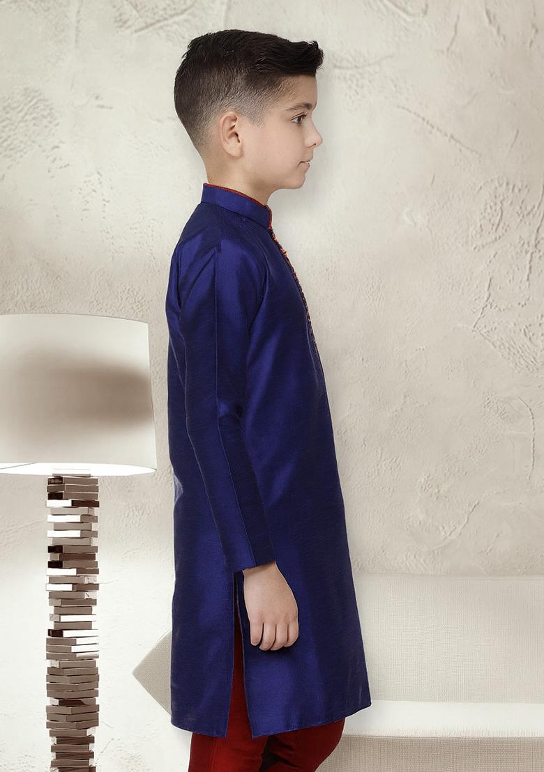 Royal Blue Button Work Silk Kurta For Boys - Indya