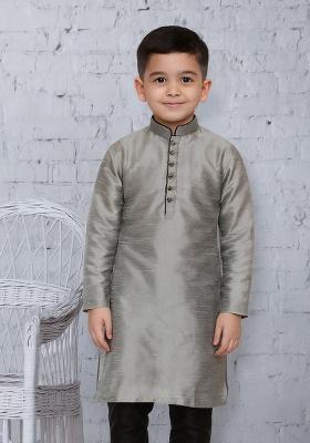 Grey Button Work Silk Kurta For Boys
