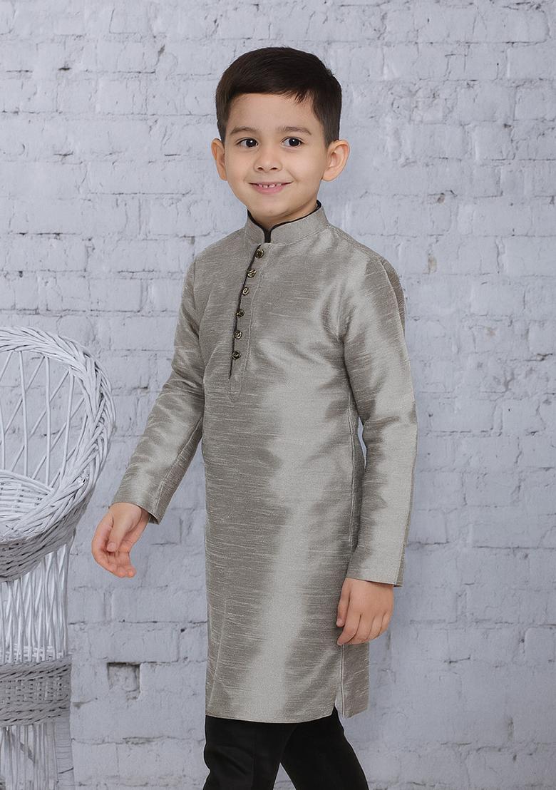 Grey Button Work Silk Kurta For Boys - Indya