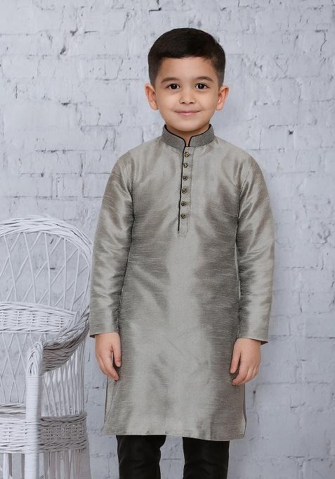 Grey Button Work Silk Kurta For Boys