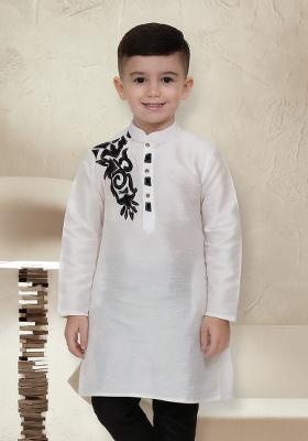 White Embroidery Silk Kurta For Boys